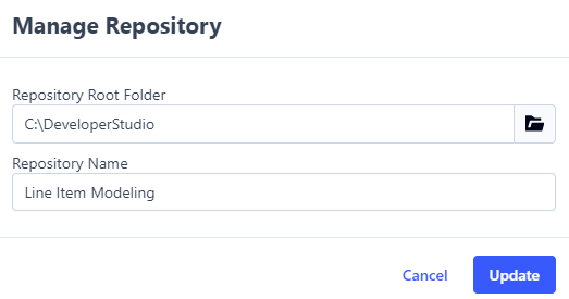 The Manage Repositories dialog box displays a repository called Line Item Modeling